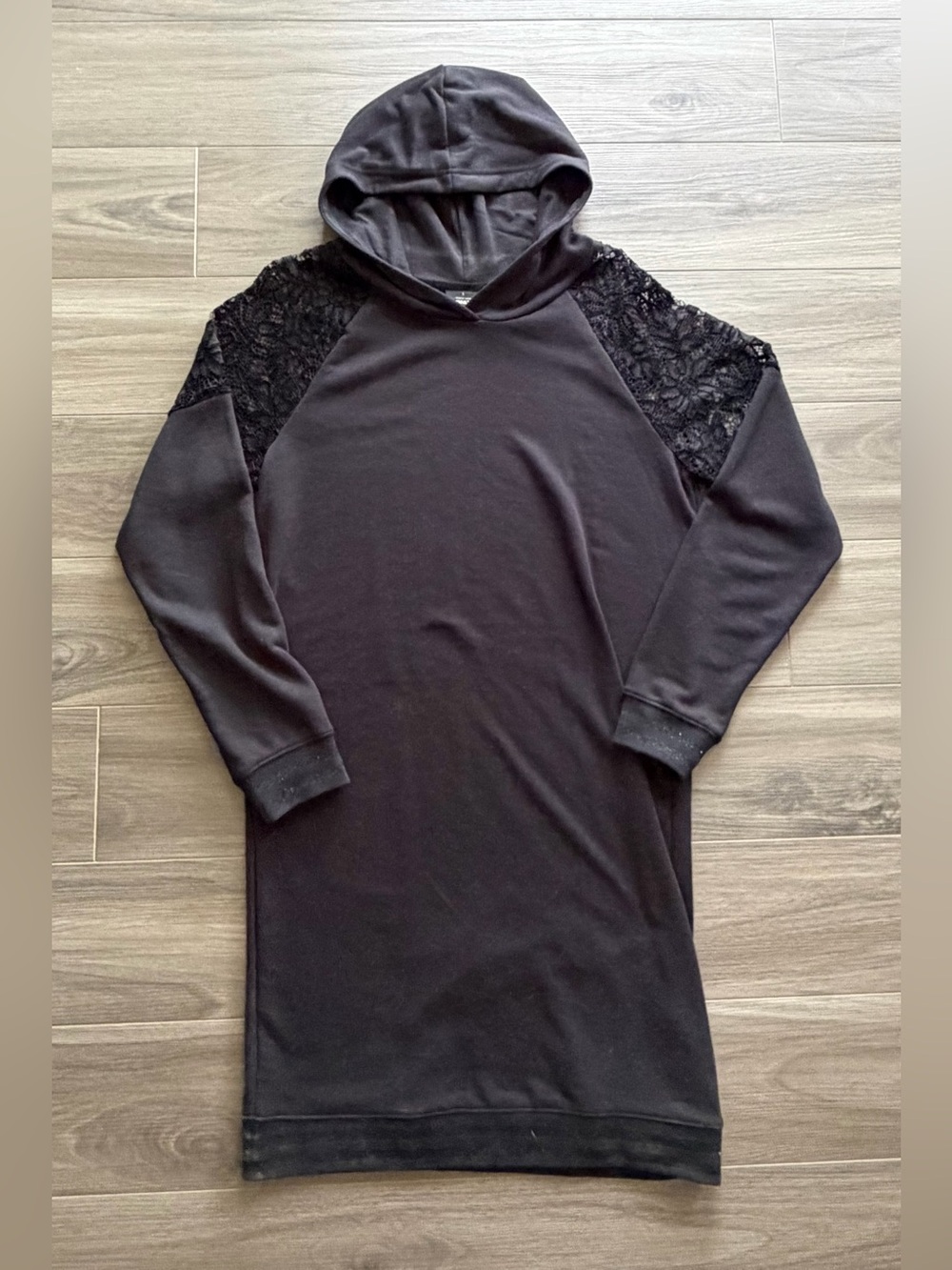 Only brand Black Hooded tunic sweater/ Dress with Lace Shoulder Panels